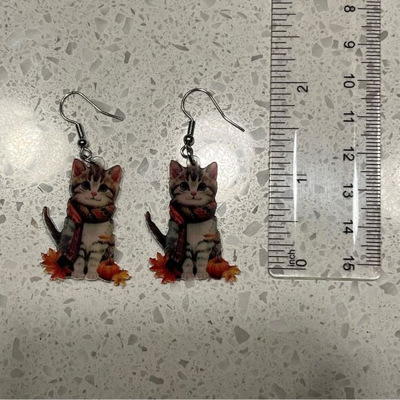 Cute Cat Acrylic Dangle drop Earrings fall colors autumn vibes - Picture 3 of 9